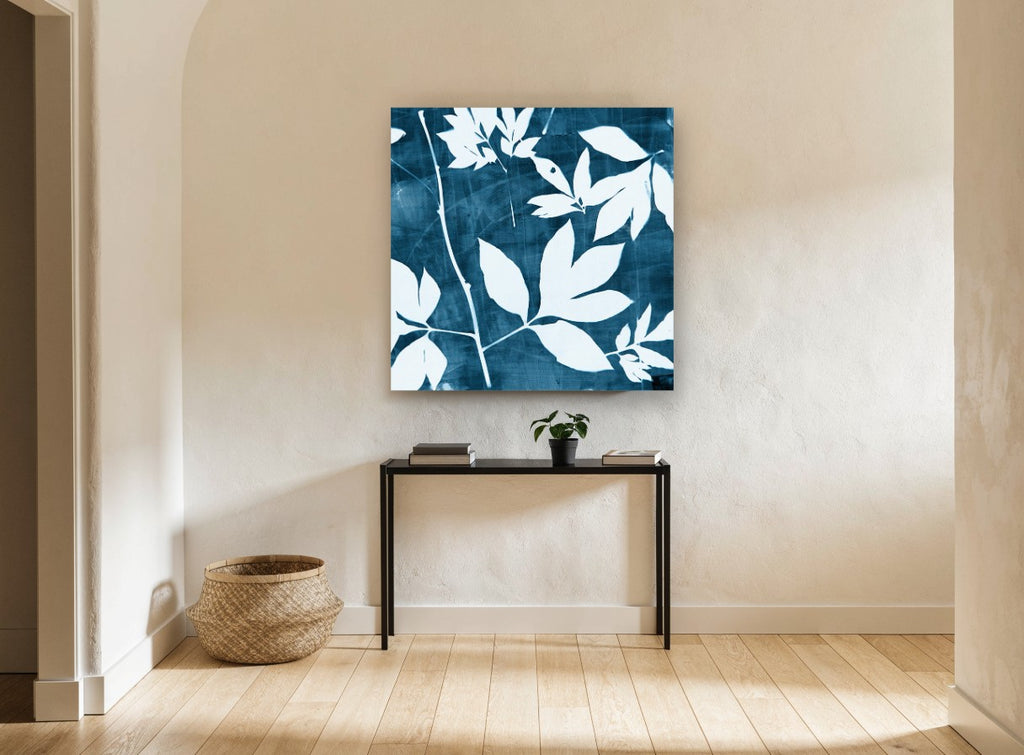 Indigo Leaf Silhouettes floral canvas print on the wall of a hallway