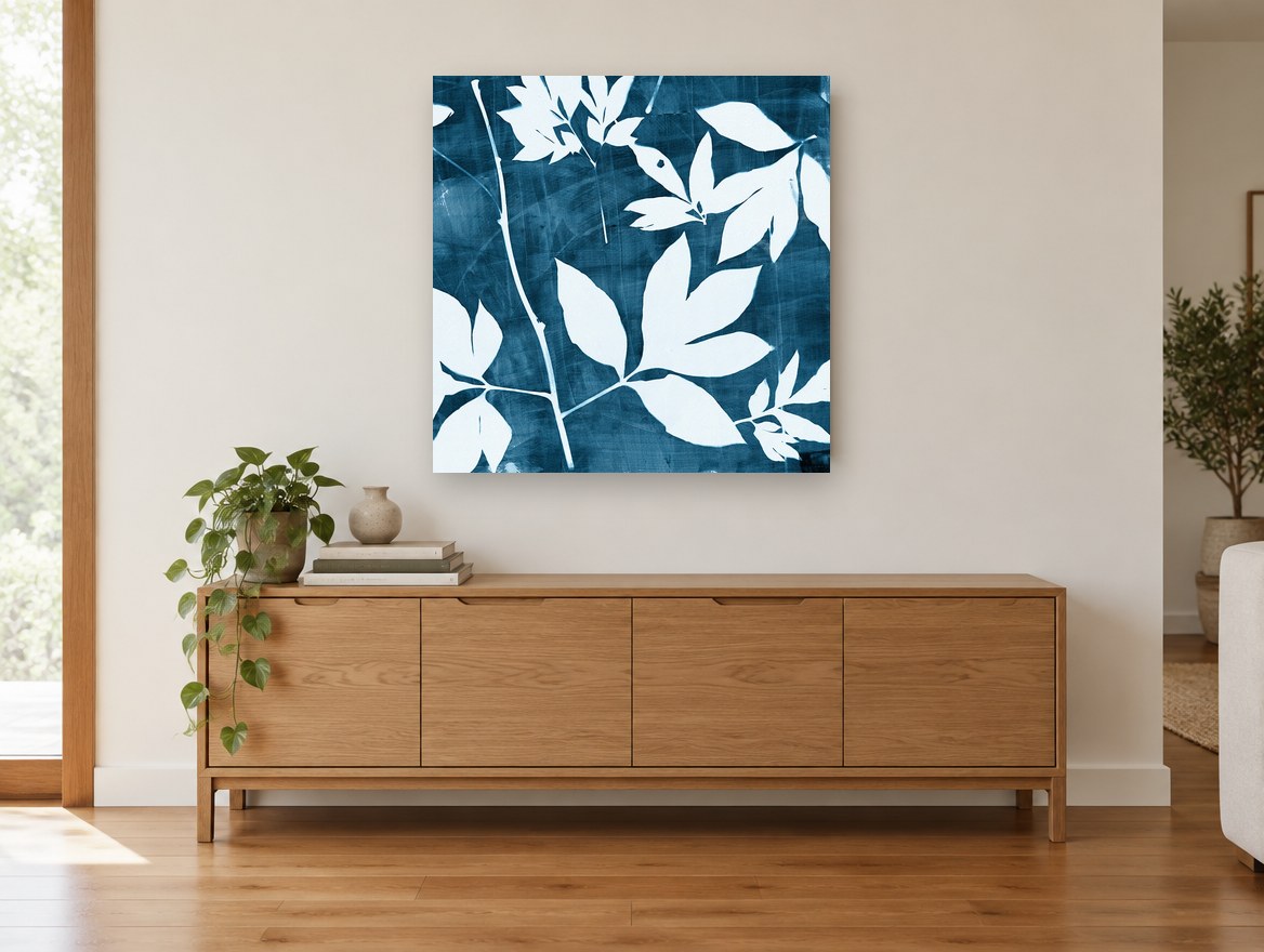 Indigo Leaf Silhouettes floral canvas print on the wall of a living room above a sideboard