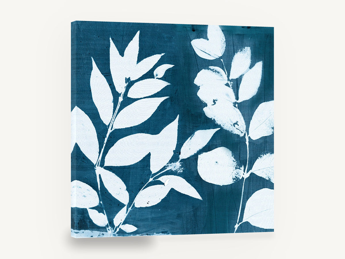 Indigo Leaf Silhouettes, blue and white leaf cyanotype botanical, floral canvas wall art print ready to hang