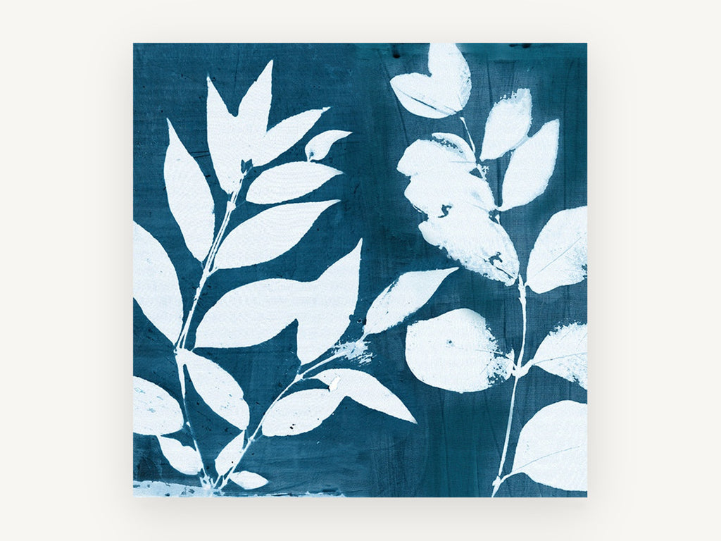 Indigo Leaf Silhouettes, floral canvas wall art print, front view