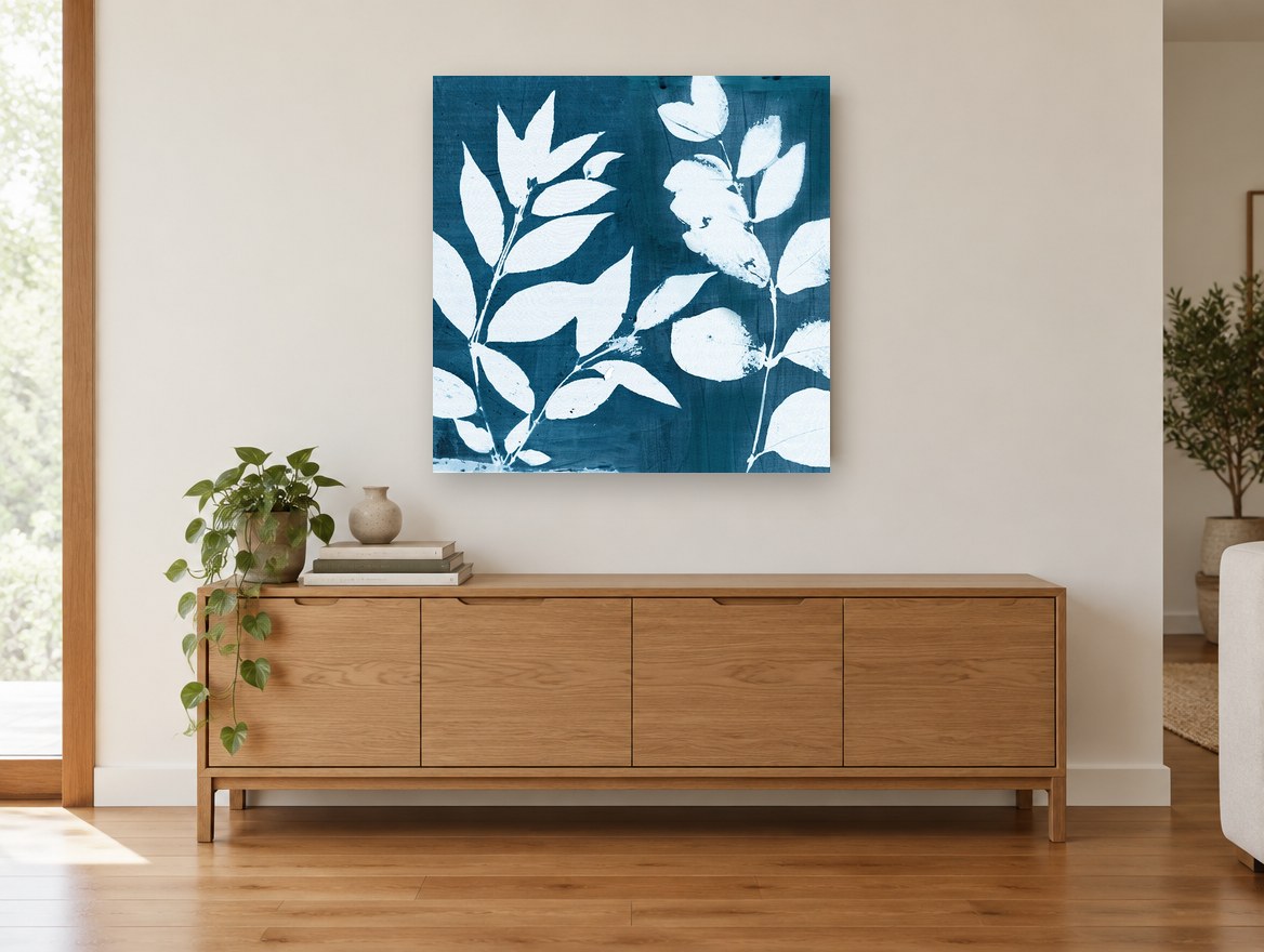 Indigo Leaf Silhouettes floral canvas print on the wall of a living room above a sideboard