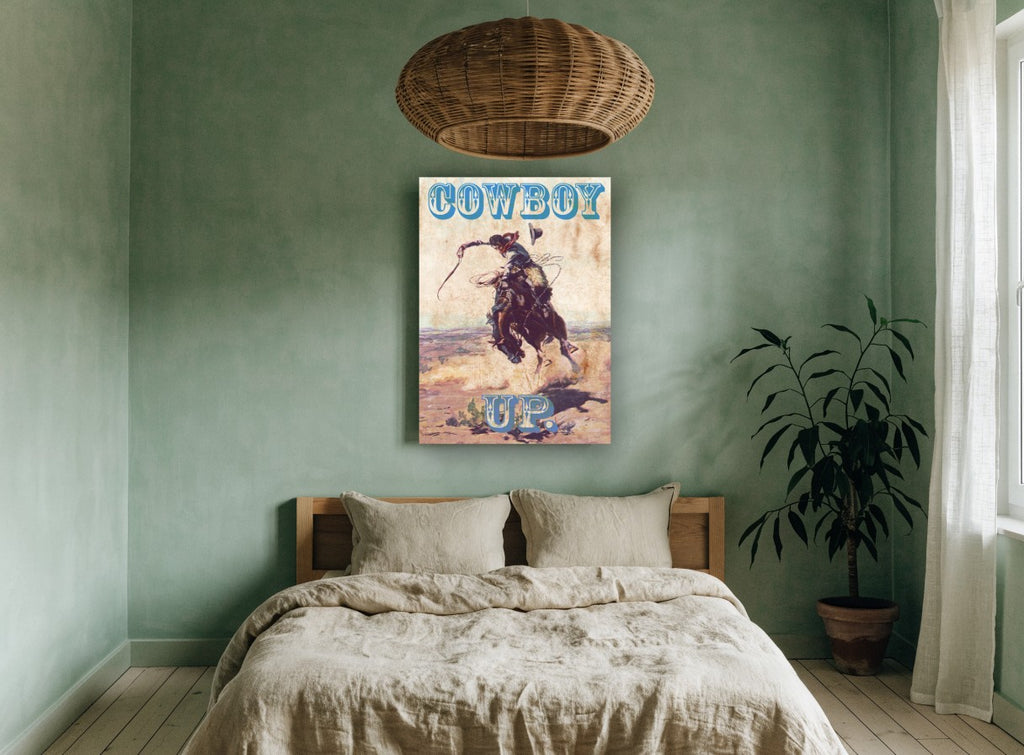 Cowboy Up Bronco vintage canvas print on the wall of a bedroom