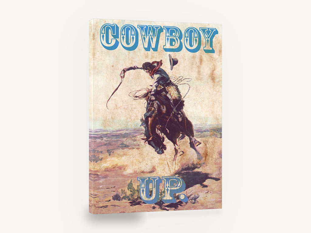 Cowboy Up Bronco, vintage cowboy bucking bronco poster, stretched canvas wall art print ready to hang