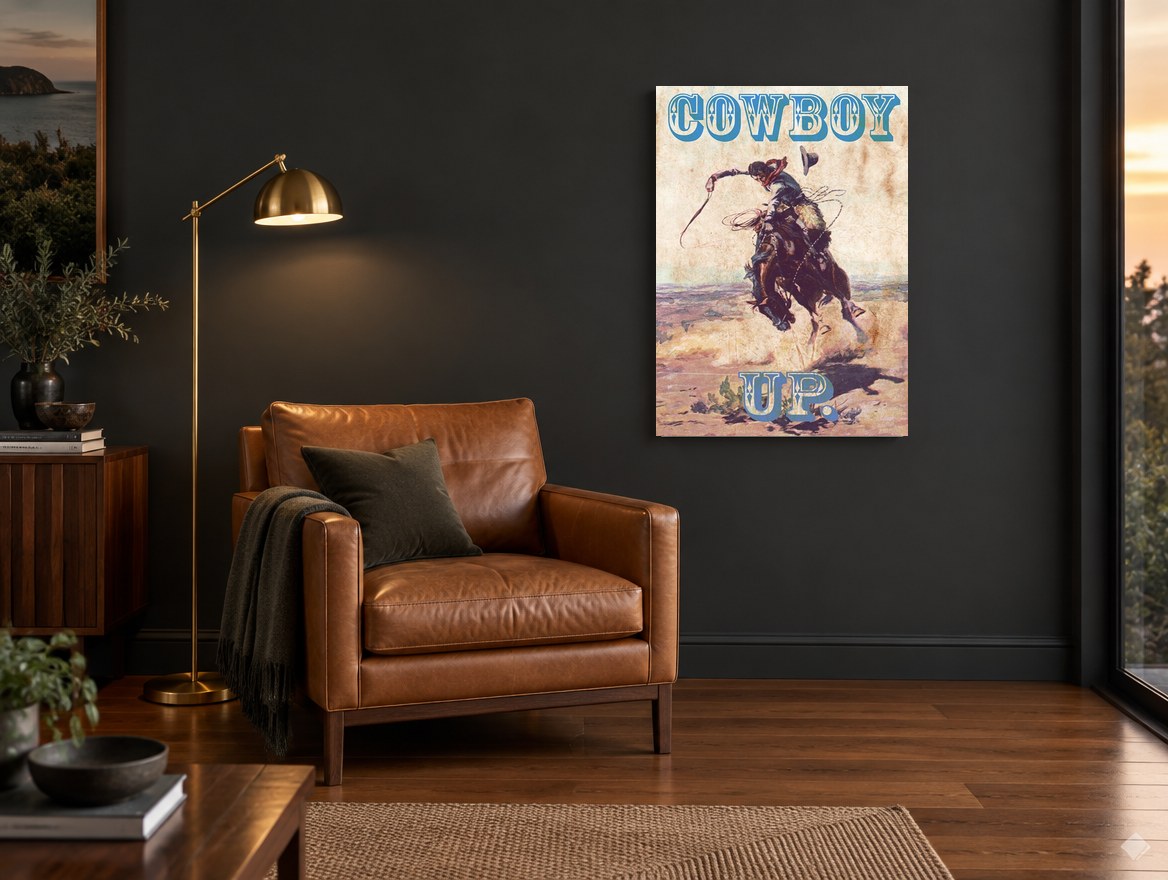 Cowboy Up Bronco vintage canvas print on the wall of a charcoal living room