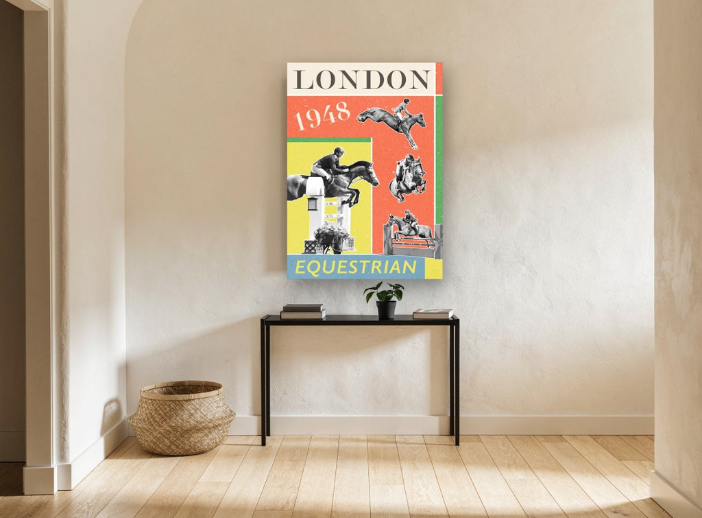 London Equestrian Jumpers vintage canvas print on the wall of a hallway
