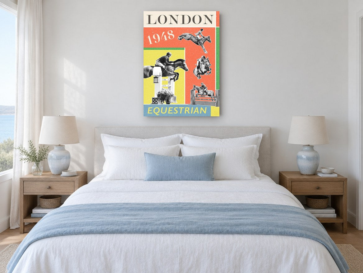 London Equestrian Jumpers vintage canvas print on the wall of a coastal bedroom
