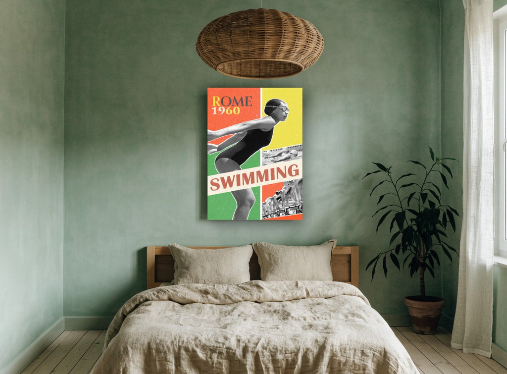 Rome Swimming Dive vintage canvas print on the wall of a bedroom