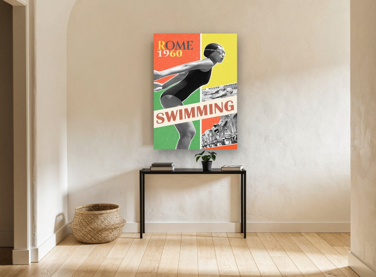Rome Swimming Dive vintage canvas print on the wall of a hallway