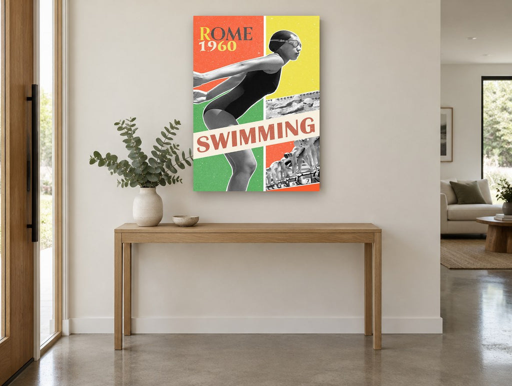 Rome Swimming Dive vintage canvas print on the wall of a entry hall