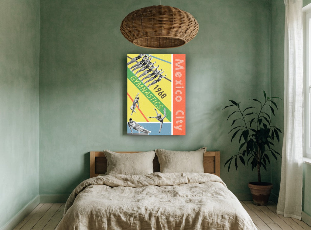 Mexico City Gymnastics vintage canvas print on the wall of a bedroom
