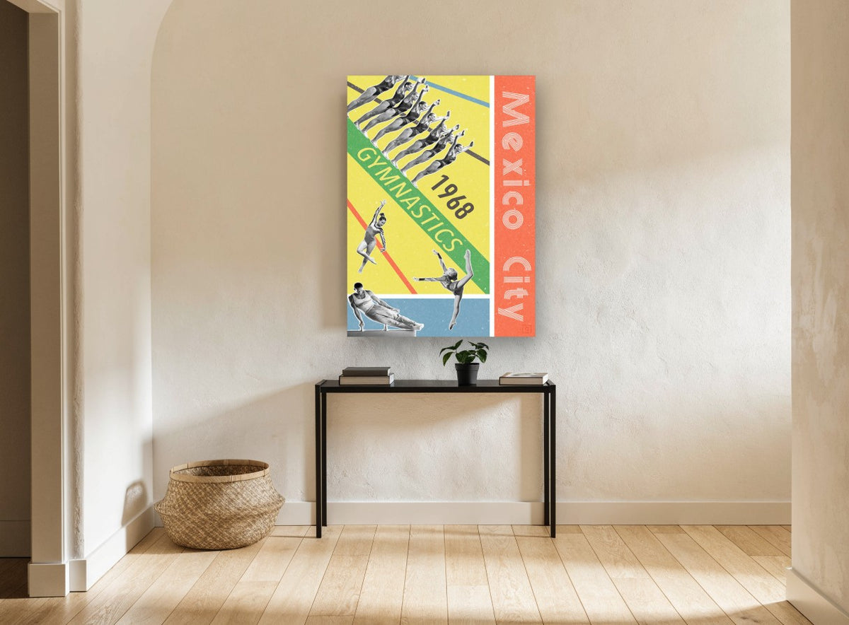 Mexico City Gymnastics vintage canvas print on the wall of a hallway