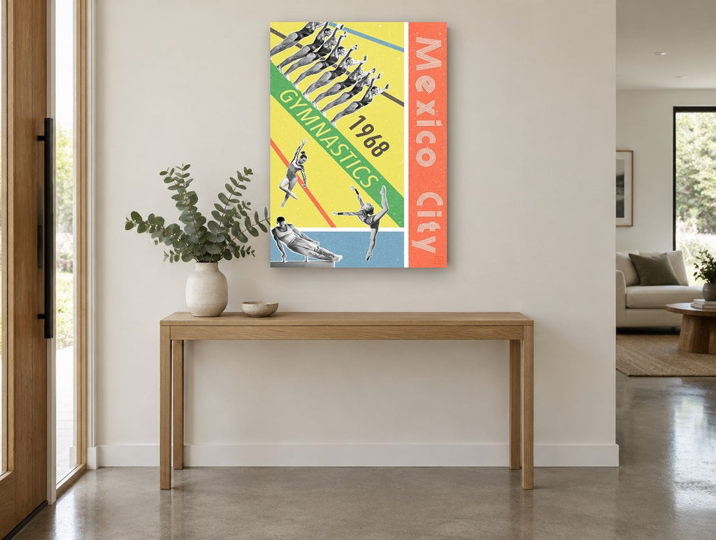 Mexico City Gymnastics vintage canvas print on the wall of a entry hall