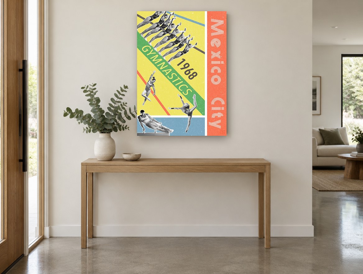 Mexico City Gymnastics vintage canvas print on the wall of a entry hall