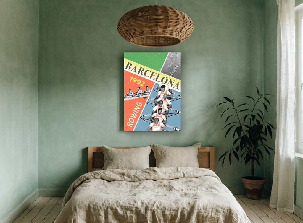 Barcelona Rowing Collage vintage canvas print on the wall of a bedroom