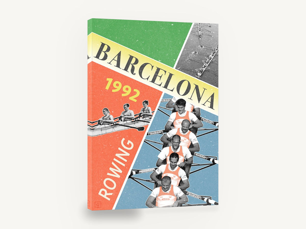 Barcelona Rowing Collage, retro barcelona 1992 rowing poster, stretched canvas wall art print ready to hang