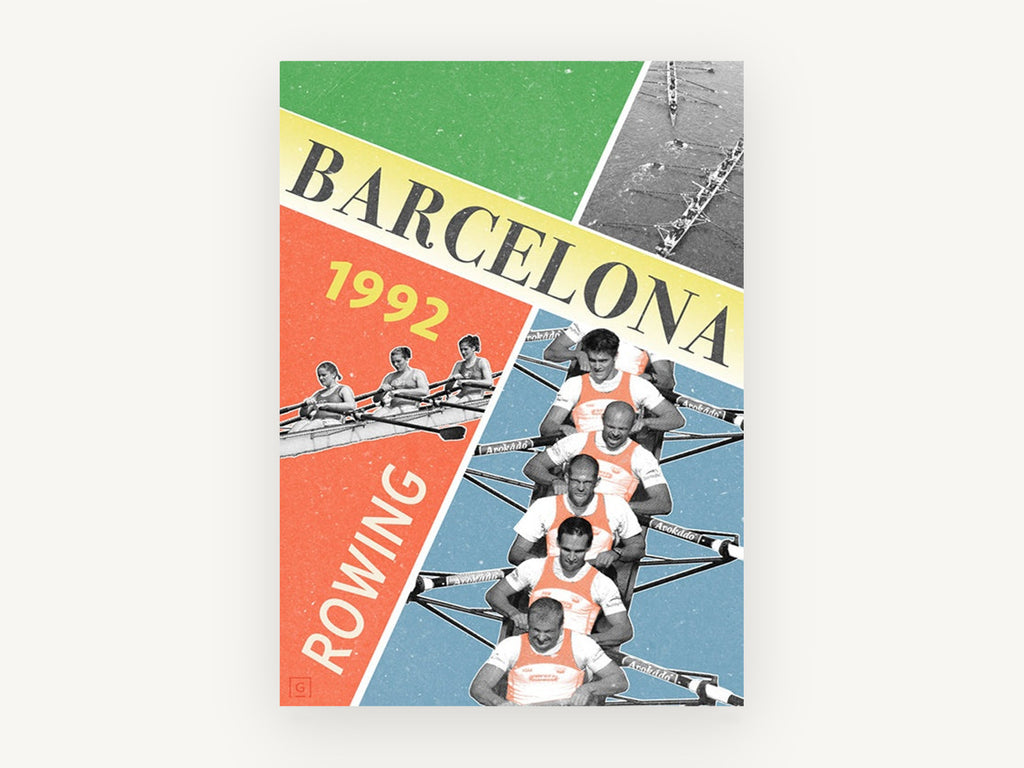 Barcelona Rowing Collage, vintage canvas wall art print, front view