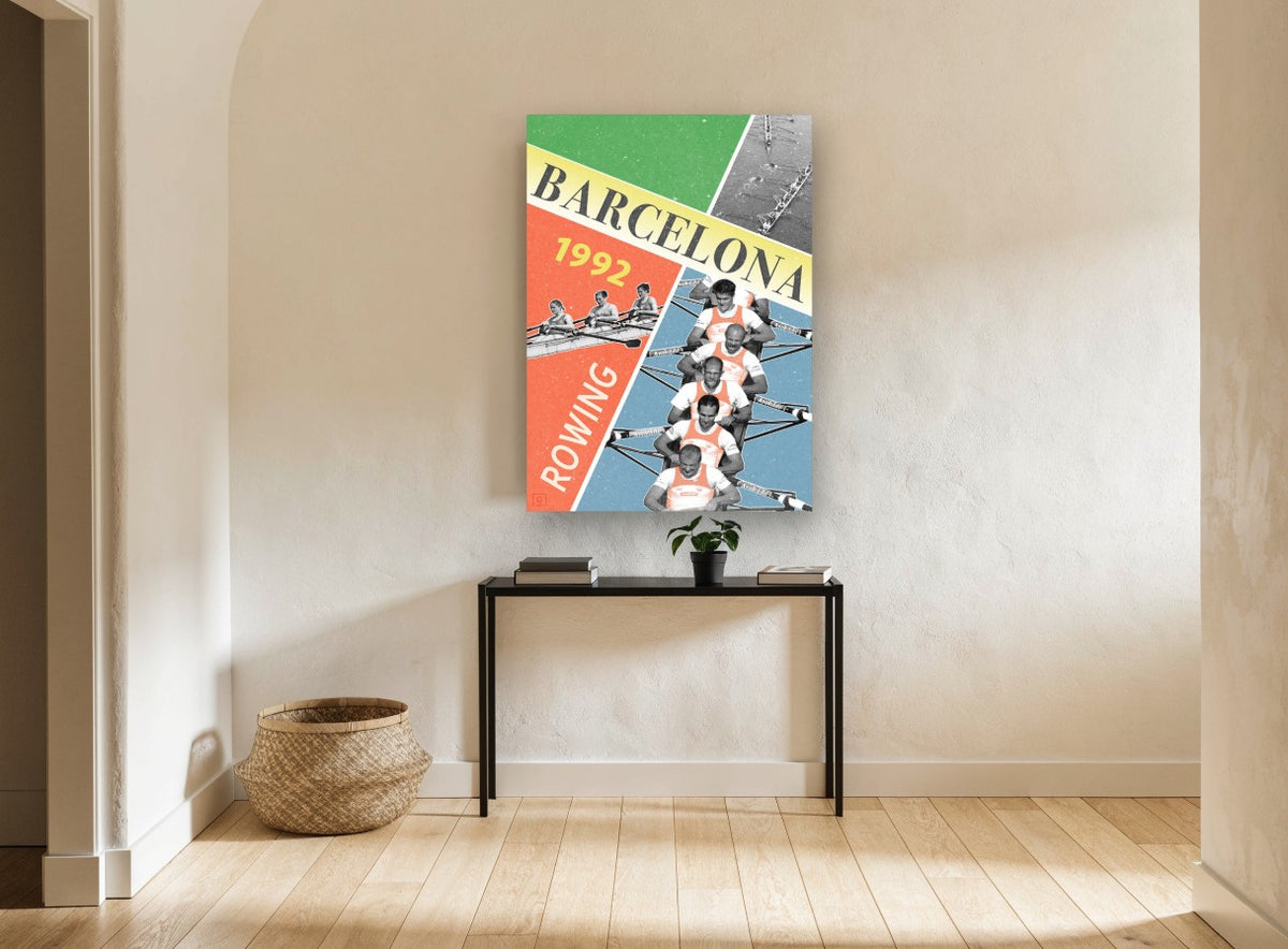 Barcelona Rowing Collage vintage canvas print on the wall of a hallway