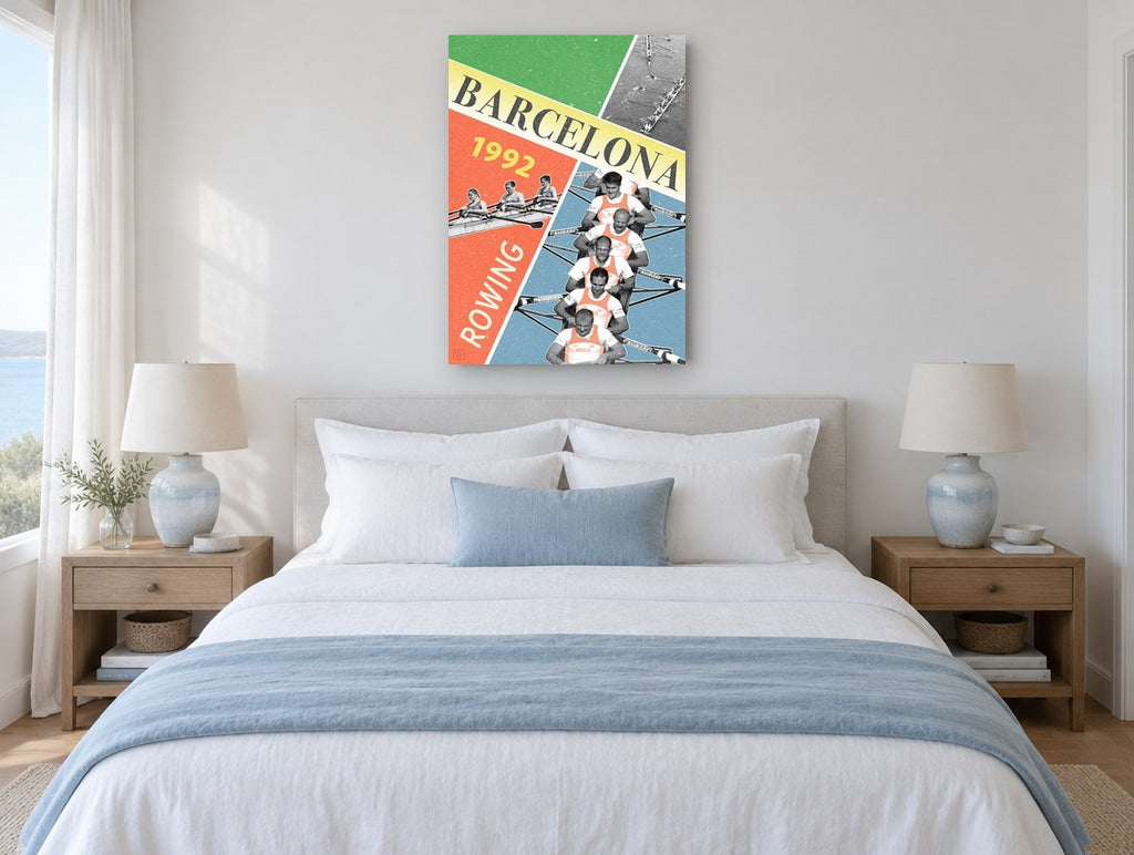 Barcelona Rowing Collage vintage canvas print on the wall of a coastal bedroom