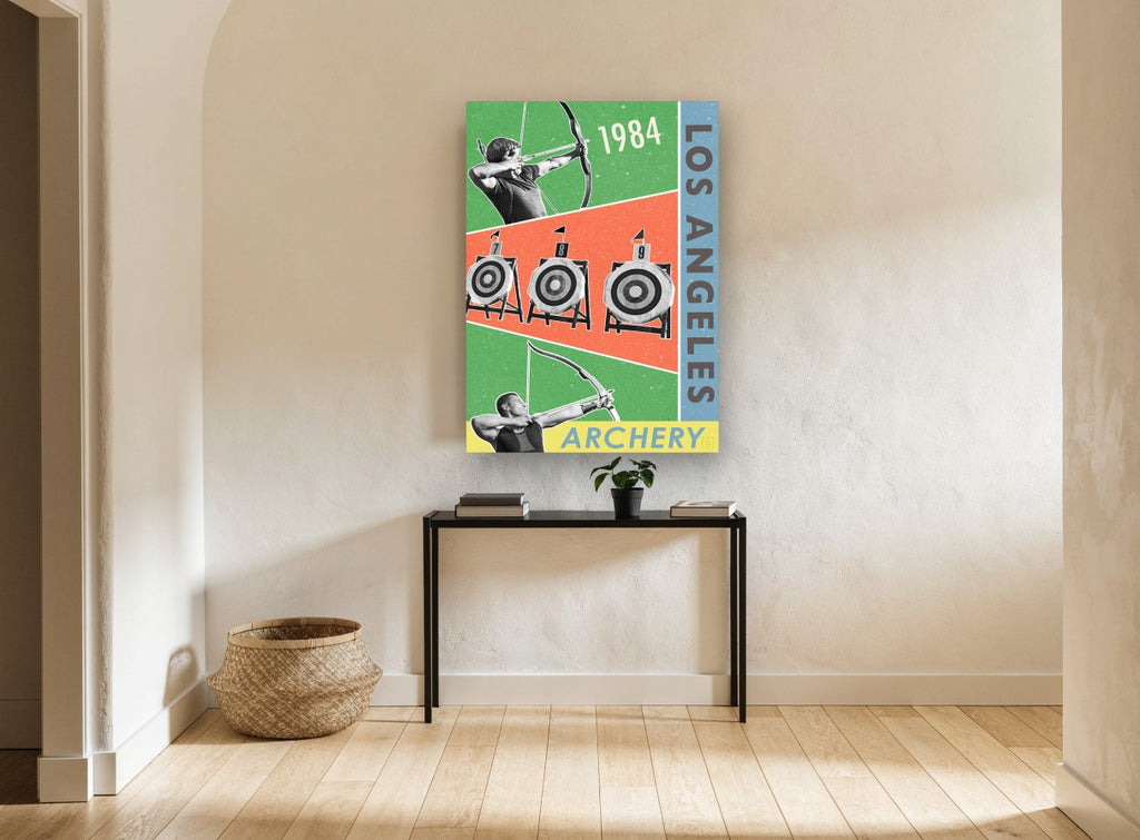 Los Angeles Archery 1984 vintage canvas print on the wall of a hallway