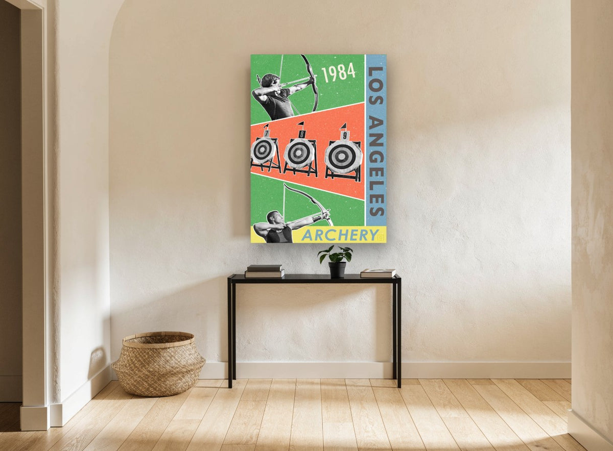 Los Angeles Archery 1984 vintage canvas print on the wall of a hallway