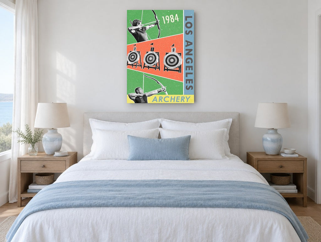 Los Angeles Archery 1984 vintage canvas print on the wall of a coastal bedroom