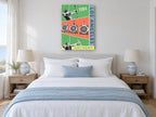 Los Angeles Archery 1984 vintage canvas print on the wall of a coastal bedroom