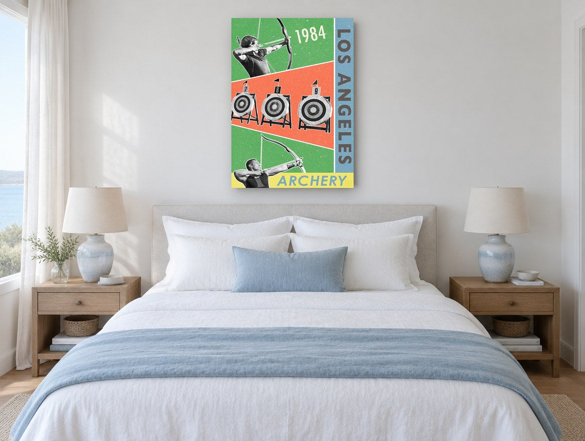 Los Angeles Archery 1984 vintage canvas print on the wall of a coastal bedroom