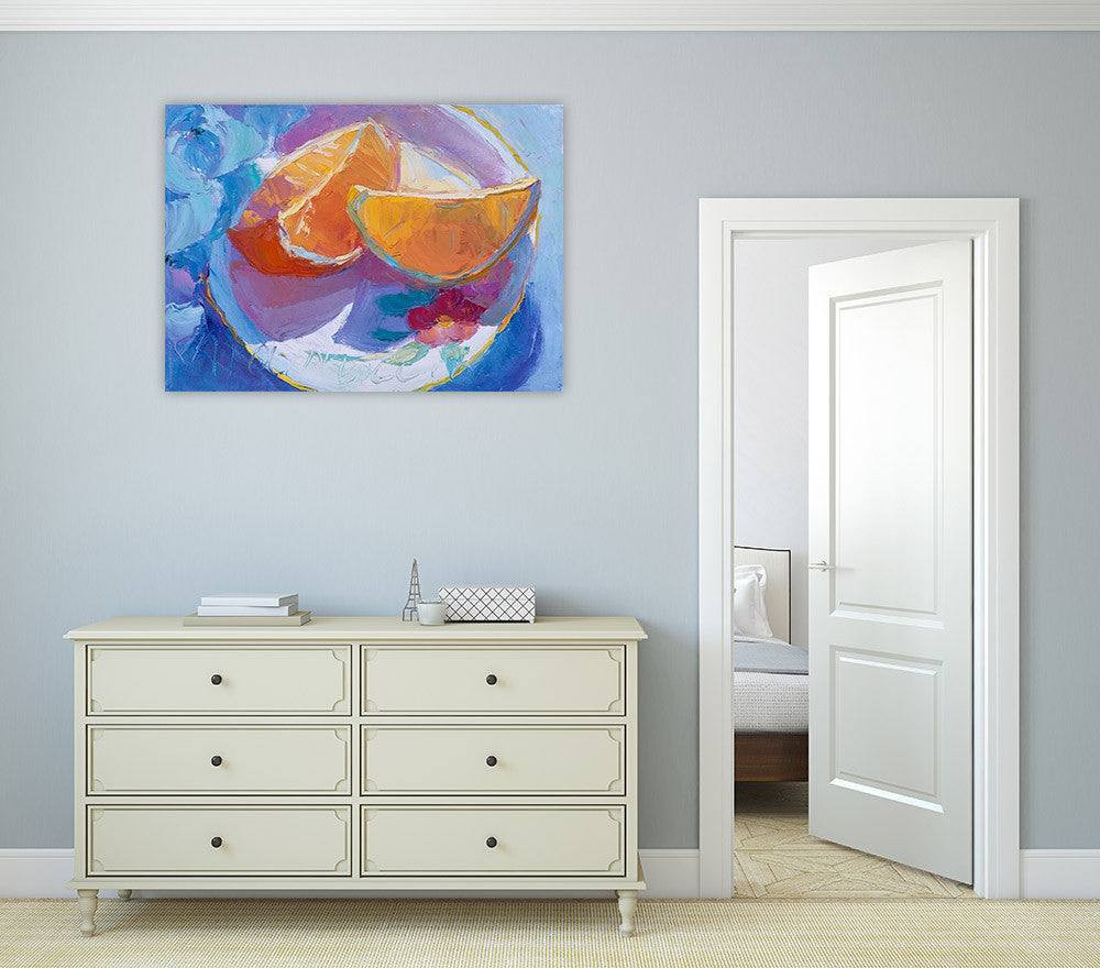 The Cut Oranges Wall Art Print on the wall