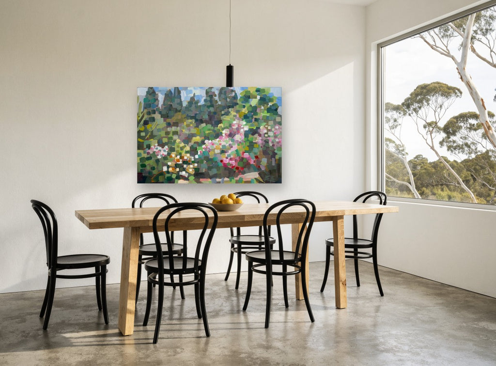 Spring Garden Mosaic floral canvas print on the wall of a dining room