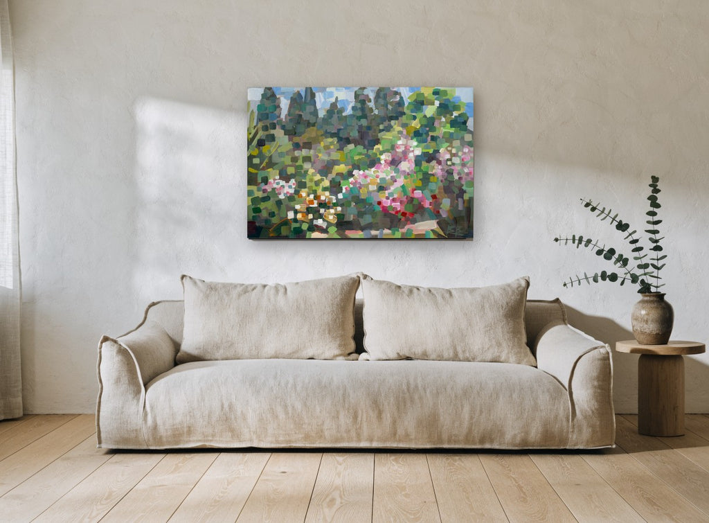Spring Garden Mosaic floral canvas print on the wall of a living room