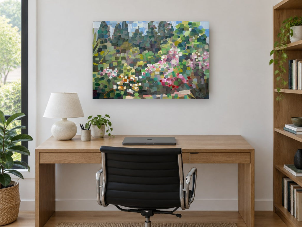 Spring Garden Mosaic floral canvas print on the wall of a study