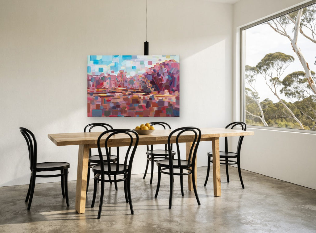 Pink Block Thicket landscape canvas print on the wall of a dining room