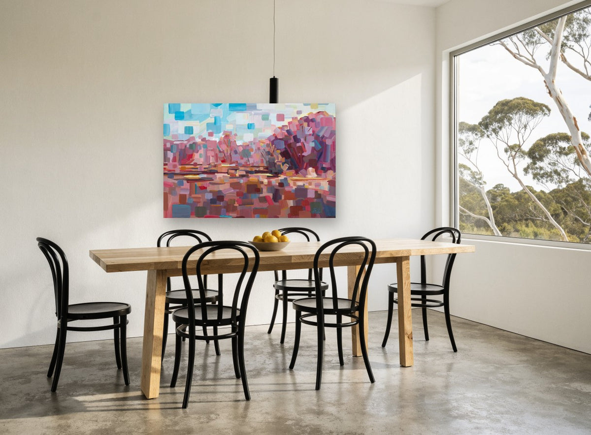 Pink Block Thicket landscape canvas print on the wall of a dining room
