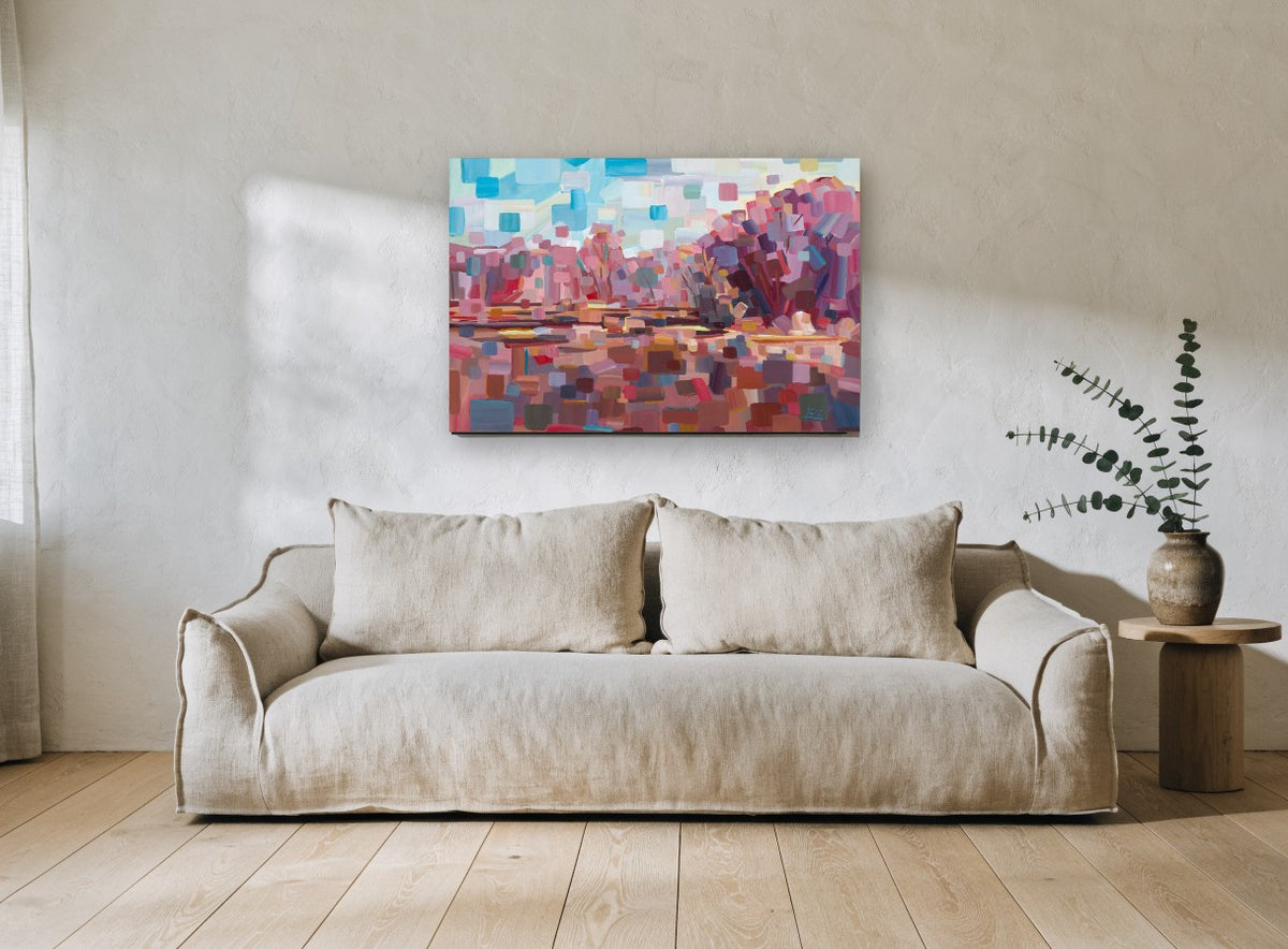 Pink Block Thicket landscape canvas print on the wall of a living room