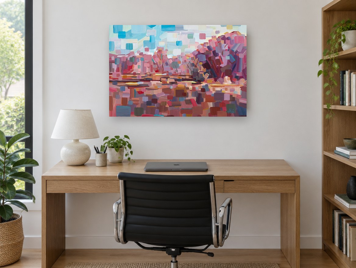Pink Block Thicket landscape canvas print on the wall of a study