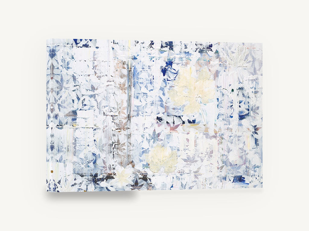 Faded Leaf Tiles, blue and white abstract leaf pattern, floral canvas wall art print ready to hang