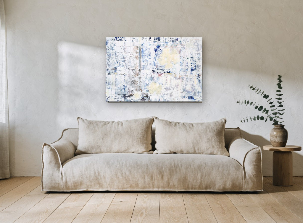 Faded Leaf Tiles floral canvas print on the wall of a living room