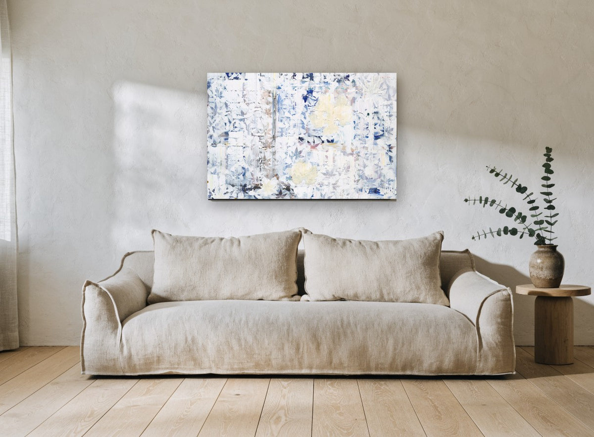 Faded Leaf Tiles floral canvas print on the wall of a living room