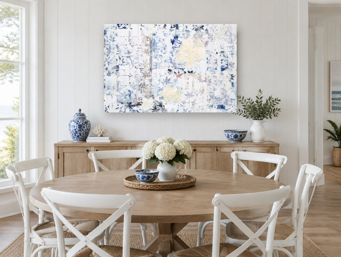 Faded Leaf Tiles floral canvas print on the wall of a Hamptons dining room