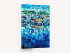 Blue Marina Mosaic, blue marina boats abstract painting, coastal canvas wall art print ready to hang