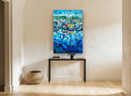 Blue Marina Mosaic coastal canvas print on the wall of a hallway