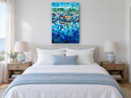 Blue Marina Mosaic coastal canvas print on the wall of a coastal bedroom