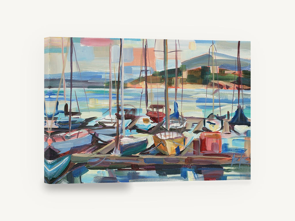 Marina Masts at Dusk, sailboat marina expressive harbour artwork, coastal canvas wall art print ready to hang