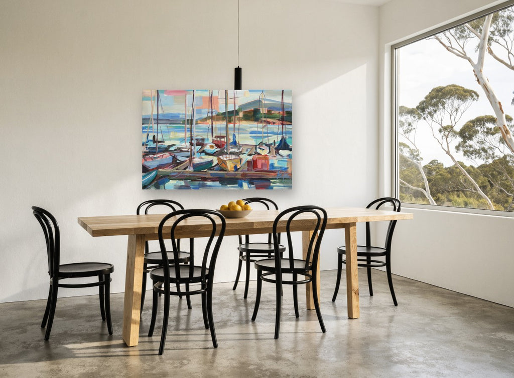 Marina Masts at Dusk coastal canvas print on the wall of a dining room