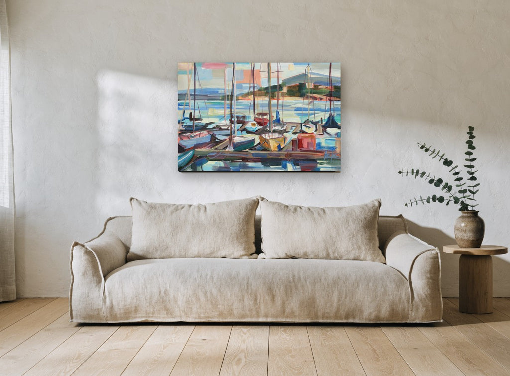 Marina Masts at Dusk coastal canvas print on the wall of a living room