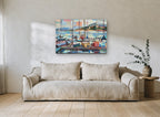 Marina Masts at Dusk coastal canvas print on the wall of a living room