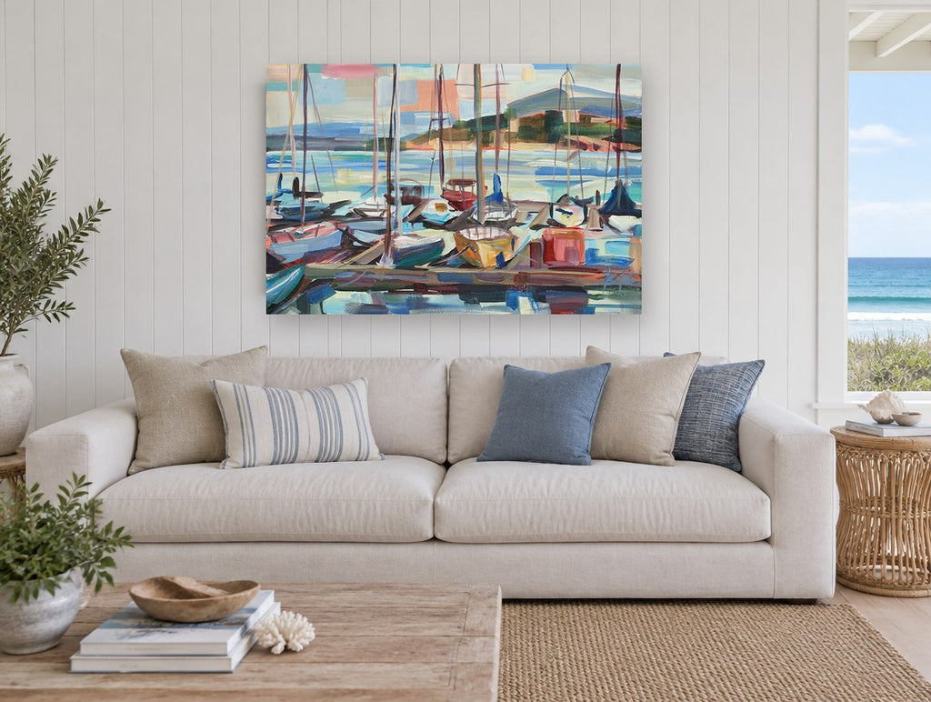 Marina Masts at Dusk coastal canvas print on the wall of a beach house living room
