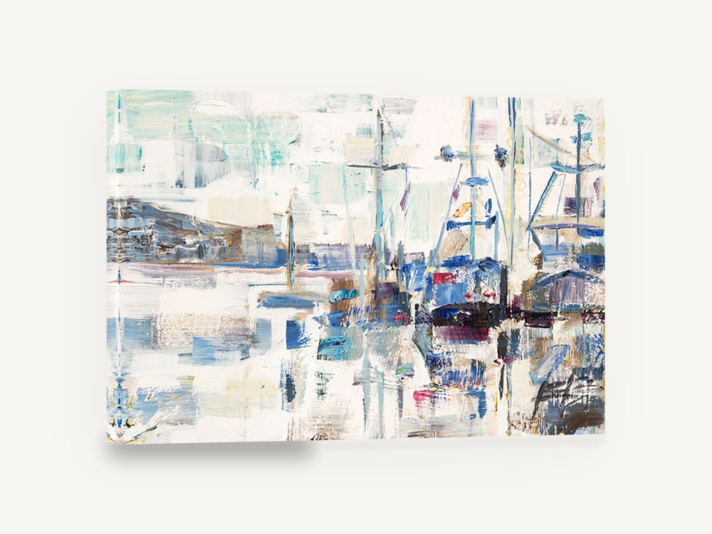 Harbour in White Light, abstract harbour boats seascape artwork, coastal canvas wall art print ready to hang
