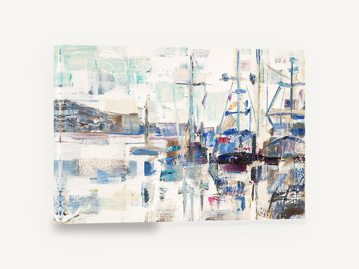 Harbour in White Light, abstract harbour boats seascape artwork, coastal canvas wall art print ready to hang