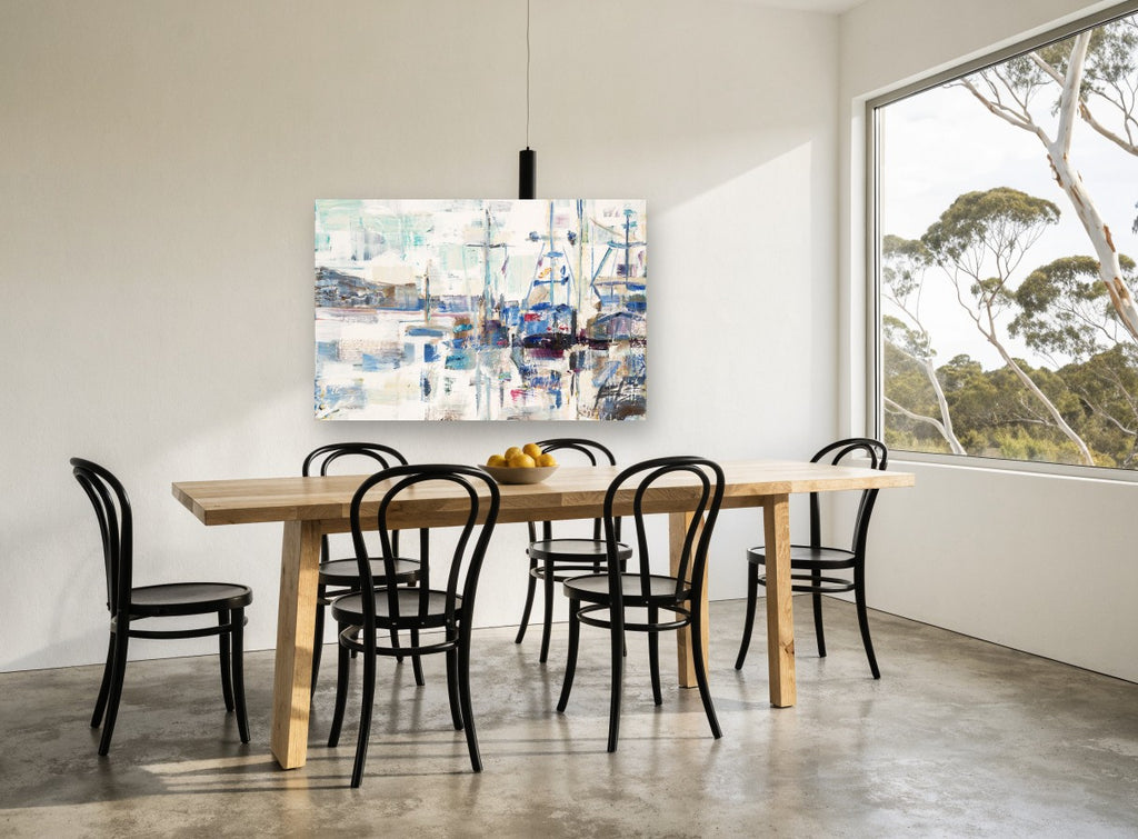 Harbour in White Light coastal canvas print on the wall of a dining room